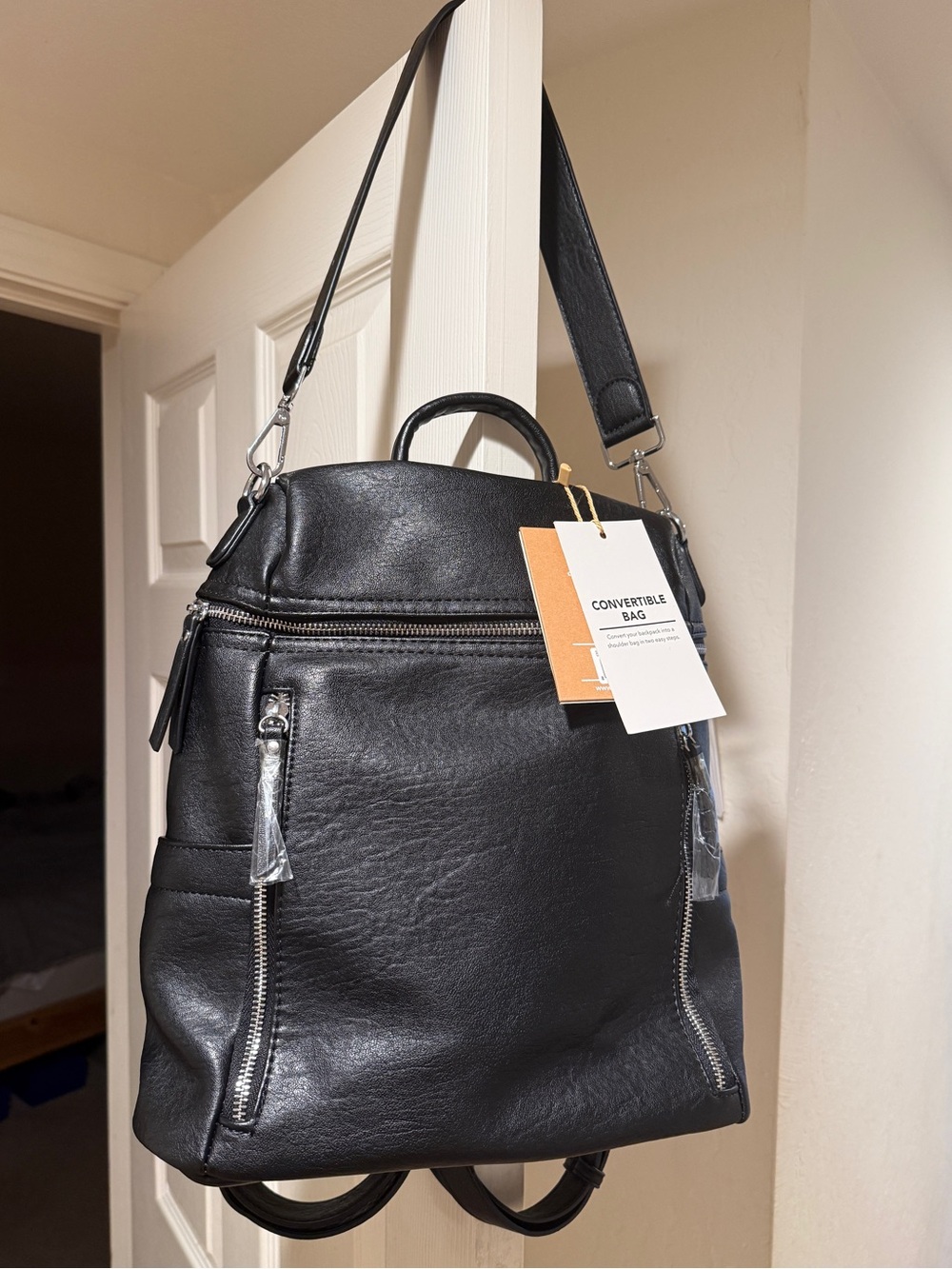 NWT Miztique Sienna Black Vegan Leather Convertible Backpack Shoulder Bag